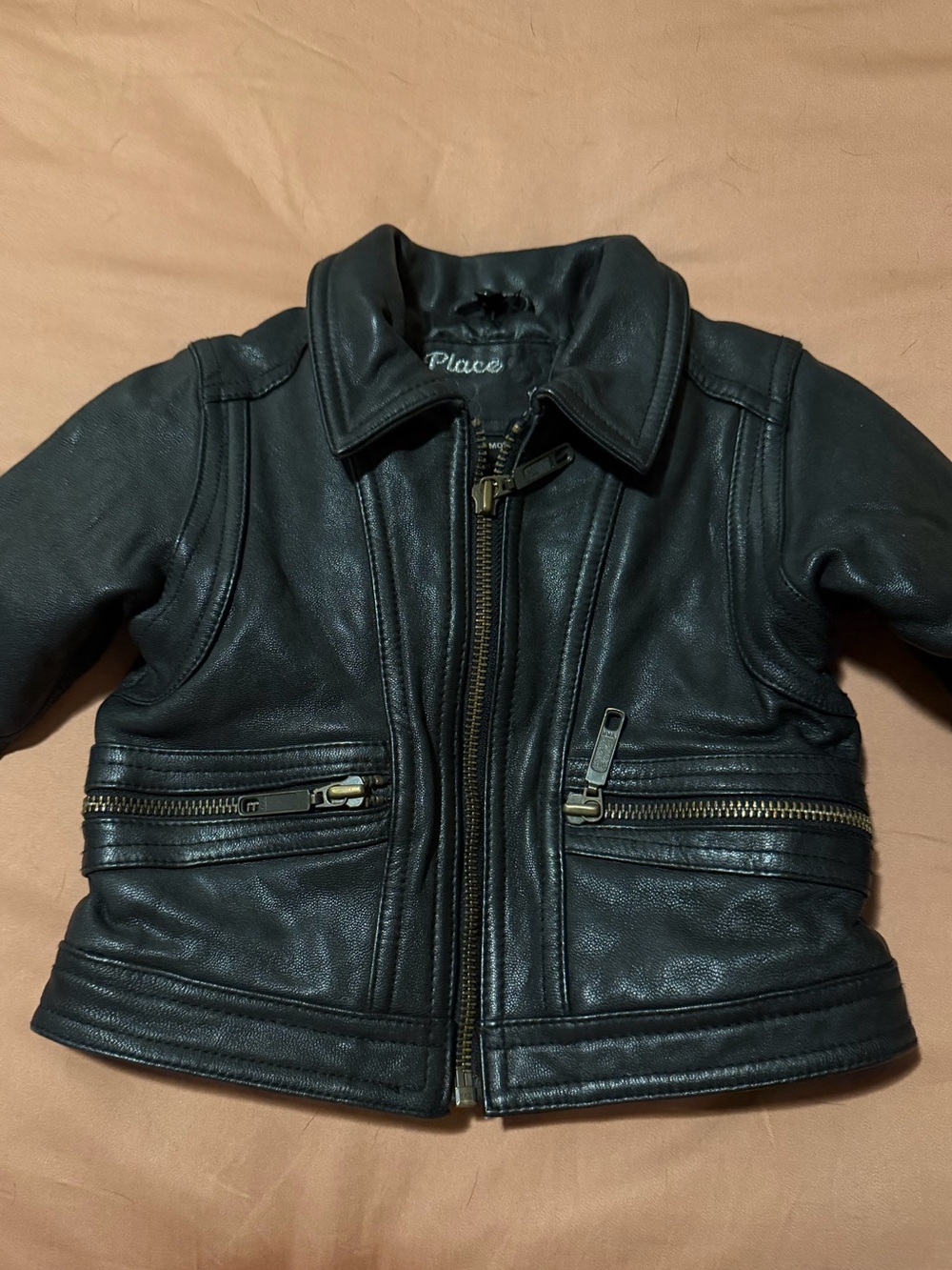 Place Kids Black 100% Genuine Leather Moto Jacket with Gold Zippers